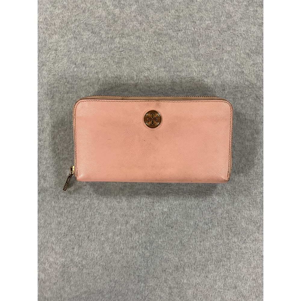 Tory Burch Robinson Zip Around Wallet Pink Saffiano Leather Gold Logo Medallion